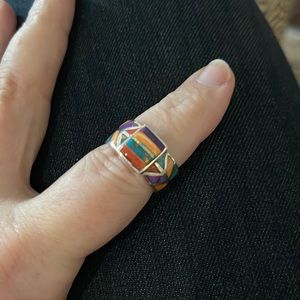 Southwestern Sterling Ring Size 9 Turquoise & Mixed Stone 925